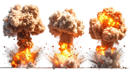 Three mushroom clouds erupt with smoke, fire, and destruction