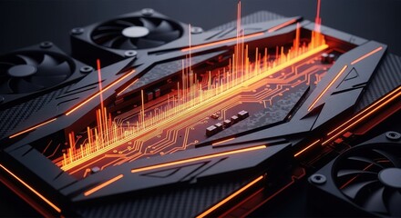 Modern computer graphic card with orange light effects and cooling fans