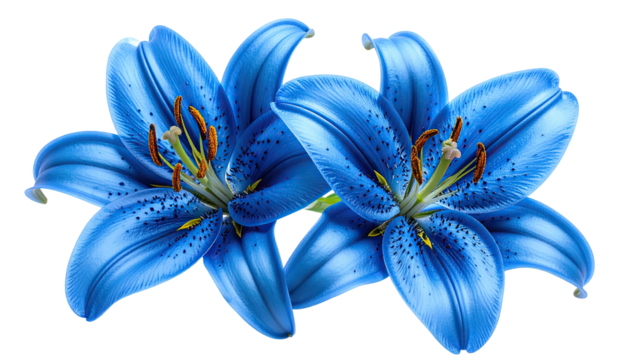 Two blue lilies, detailed petals, prominent stamen