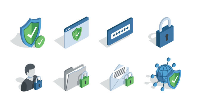 Isometric cybersecurity icons with locks and shields for digital protection