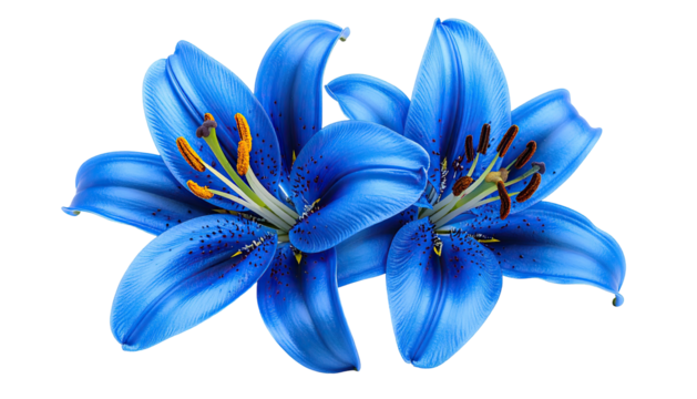 Two vibrant, close-up blue lilies show stamens against black