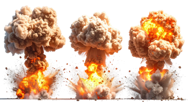 Three mushroom clouds erupt with smoke, fire, and destruction