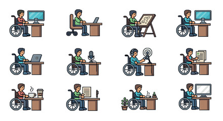 Inclusive workplace icons people in wheelchairs engaged in various office tasks
