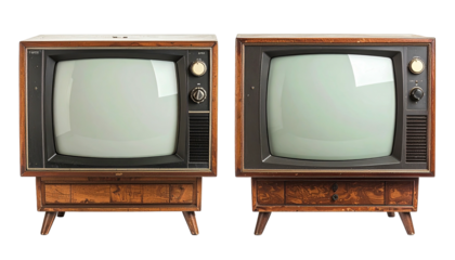Two vintage wood-encased TVs, each with a light blank screen