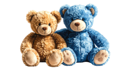 Brown/blue teddy bears sit closely, fluffy, innocent, cute