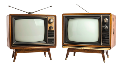 Two vintage woodgrain televisions stand, screens off, antennas up