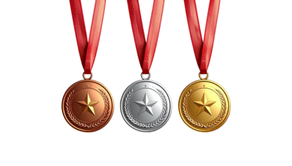 Three medals, gold, silver, bronze, hang from red ribbons