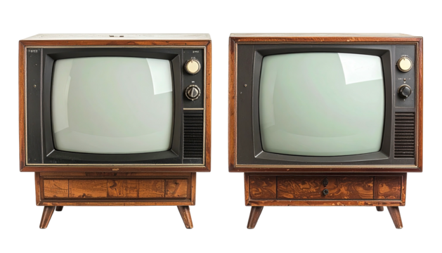 Two vintage wood-encased TVs, each with a light blank screen