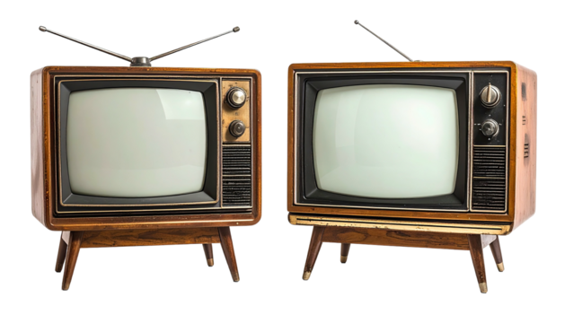 Two vintage woodgrain televisions stand, screens off, antennas up