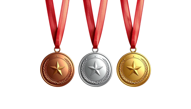 Three medals, gold, silver, bronze, hang from red ribbons
