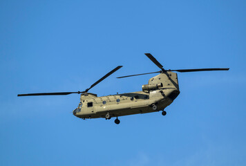 Boeing Chinook transport helicopter in flight with Dutch airforce marking