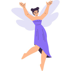 Whimsical Fairy Character with Translucent Wings in a Flowing Lavender Dress Dancing with Arms Raised Against a White Background