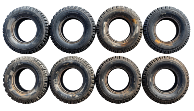 Eight used black tires arranged in two rows against black background - Powered by Adobe