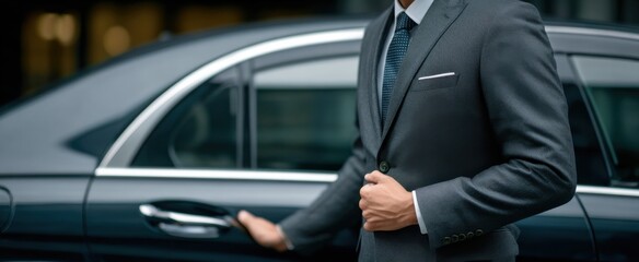 businessperson opening a car door of a luxury vehicle feeling poised and powerful