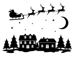 Winter landscape with santa and deer flying over a village and fir trees in snow. Merry Christmas, Village and flying santa's sleigh in night sky with stars, snowfall and moon.
