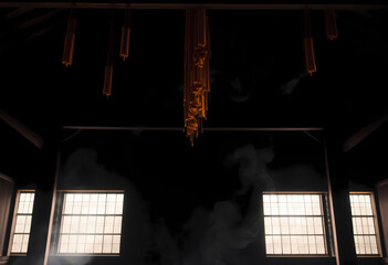 Dark room with hanging objects, smoke plumes, and grid windows
