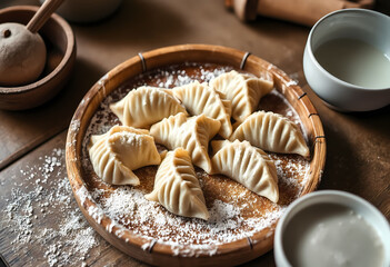 Raw dumplings on wooden tray with flour, food preparation