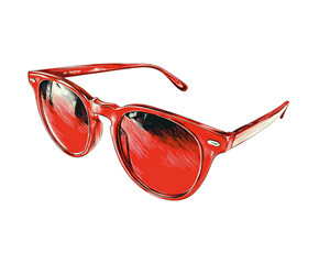 A pair of red framed sunglasses with red lenses displayed against a black background in a sketch style