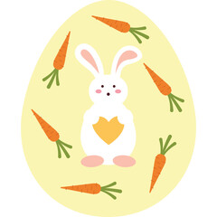 Whimsical Easter Egg Design Featuring a Cute White Bunny Surrounded by Vibrant Carrots on a Soft Yellow Background with a Heart Detail and Transparent Edges Perfect for Spring Celebrations