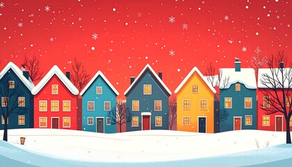 A row of colorful houses with snow-covered roofs stands against a deep red sky during a snowfall, a winter holiday scene