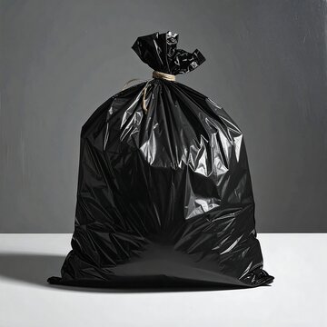 A glossy, black garbage bag, knotted closed on a white surface against gray