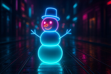 Neon snowman glowing on wet futuristic city street, colorful cyberpunk christmas concept, modern winter celebration design, vibrant light reflection art, creative festive illustration background
