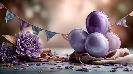background lavender colored with balloons and garland