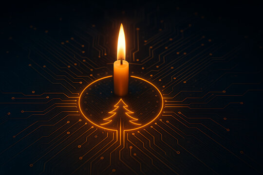 Candle flame glowing over christmas tree circuit board design, futuristic digital holiday illumination concept, blend of technology and tradition, innovation festive light art composition background