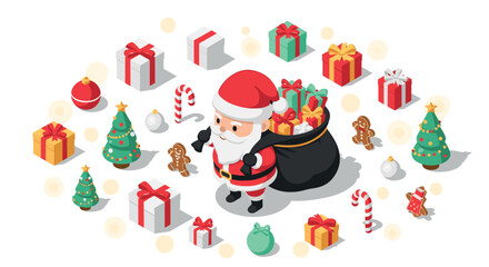 Festive santa claus with gifts and christmas icons in isometric style