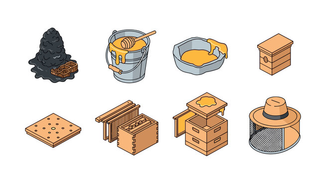 Isometric bee farming elements honeycombs, tools, and equipment
