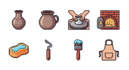 Pixel art pottery studio elements clay crafting tools and techniques