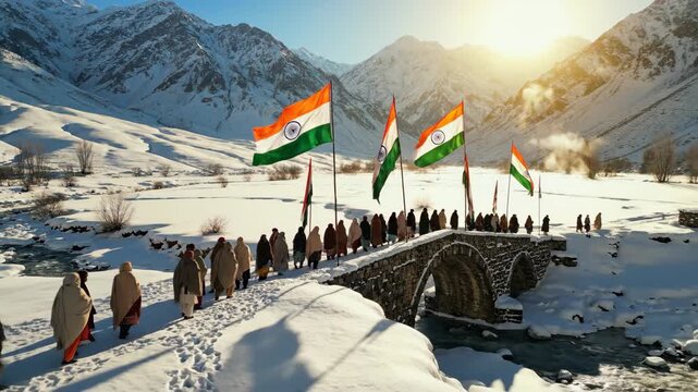 Commemorating Jammu and Kashmir Accession Day Procession with Indian Flags Across Snow-Covered Bridge in Mountainous Landscape
