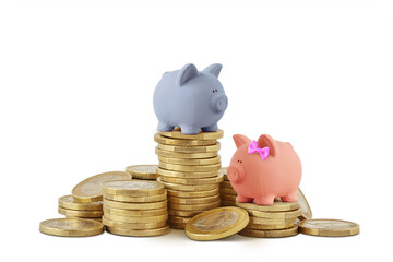 Blue and pink piggy bank on piles of coins - Gender pay gap concept