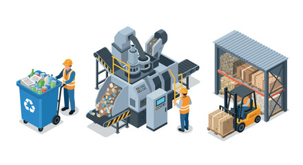 Fototapeta premium Isometric recycling scene with workers, machinery, and forklift in a waste management facility