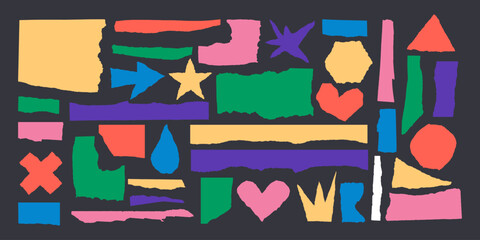 Jagged edge torn paper piece collage grunge cut out shapes vector illustration. Ripped paper abstract frame shape text box template collection.