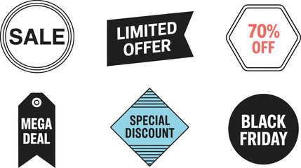 Modern Sale Discount Labels Vector Set, Black Friday and Special Offer Badges for Marketing and Promotion Design