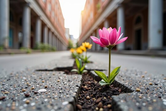 Unexpected Locations: A series of time-lapse photos depicting the growth of a flower seed planted in urban landscapes