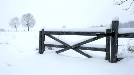 Tranquil winter landscape featuring a rustic wooden fence and distant bare trees covered in pristine white snow evoking a serene and peaceful countryside scene - Powered by Adobe