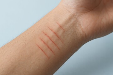 Textured human forearm exhibits multiple fresh red cuts, a powerful visual symbolizing emotional suffering and the critical importance of mental health awareness