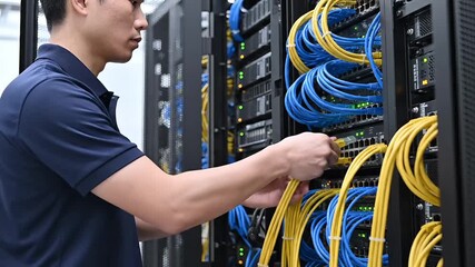 Man connecting yellow ethernet cable to server rack in data center with blue cables around - Powered by Adobe