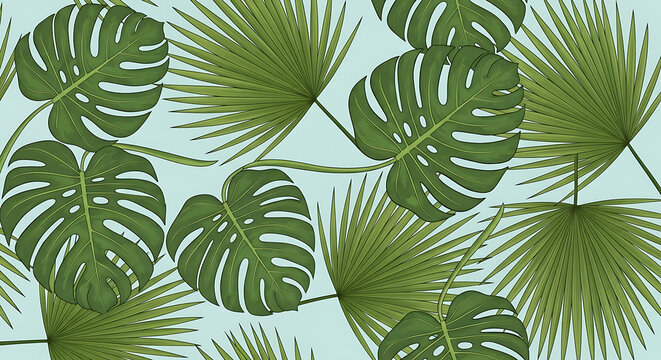 Fototapeta Seamless pattern coconut and monstera leaves on light blue background Tropical summer Vector illustration 97279457 1