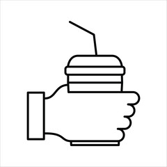 Vector line icon of a hand holding a disposable cup with a straw, symbolizing takeaway drinks, refreshment, and convenience for menus, apps, and digital design