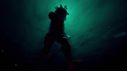 A menacing, humanoid figure composed of coronavirus particles stands against a dramatic, smoky backdrop of light, evoking the global threat and devastating impact of the COVID-19 pandemic. - Powered by Adobe