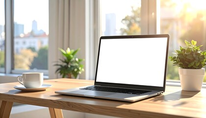 Fototapeta premium Start your day with coffee, laptop, and a bright office for ultimate productivity