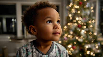 A cute little child in a warm sweater and pajamas decorates the Christmas tree in the living room. Merry Christmas and a Happy New Year! Warm and cozy holiday winter evening.