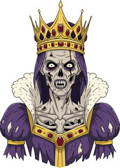 Zombie king illustration, undead royal figure, horror skeleton art, decayed monarch concept, creepy crown character, eerie regal theme, mystical death portrait