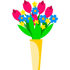 A Simple Cartoon Bouquet of Pink Tulips and Blue Flowers in a Yellow Vase with a Transparent Background