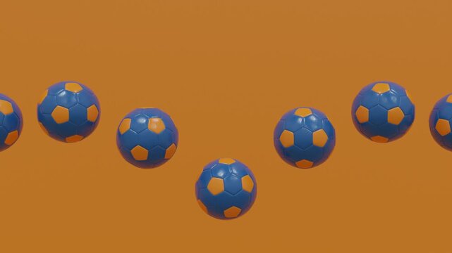 Minimal 3D backdrop with blue football spheres bouncing in a straight aligned row on orange, perfect for rhythmic design, clean geometry aesthetics, and modern dynamic visuals