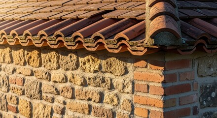 Fototapeta premium Rustic stone and brick wall with red roof tiles in sunlight