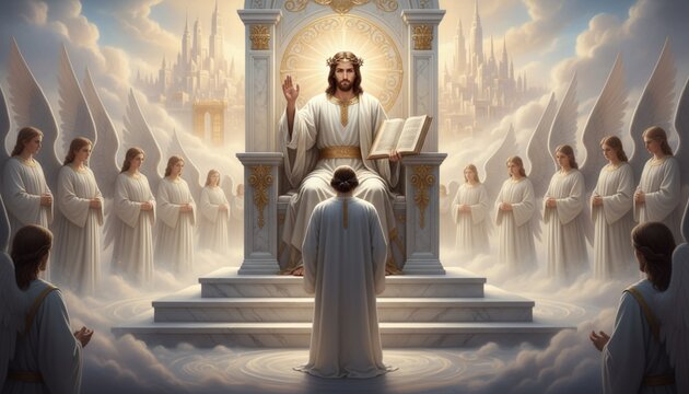 Jesus sits on the throne in heaven as a judge and there person in front of him in white garments.